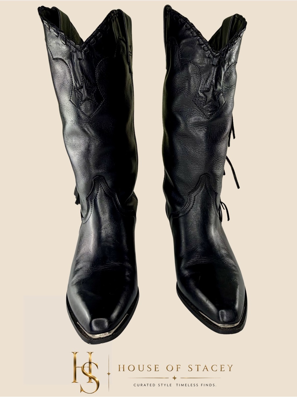 Acme Black Leather Fringe Cowboy Boots Size 7 Western Mid-Calf - Picture 3 of 12